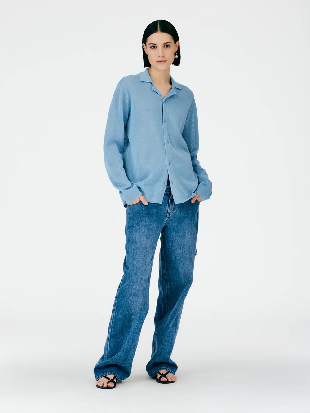 Tibi Sea Blue Button-Front Knit Top